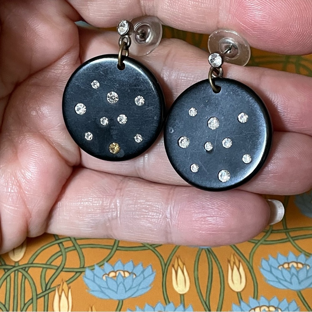 Vintage black lucite/celluloid disc earrings w/ rhinestones